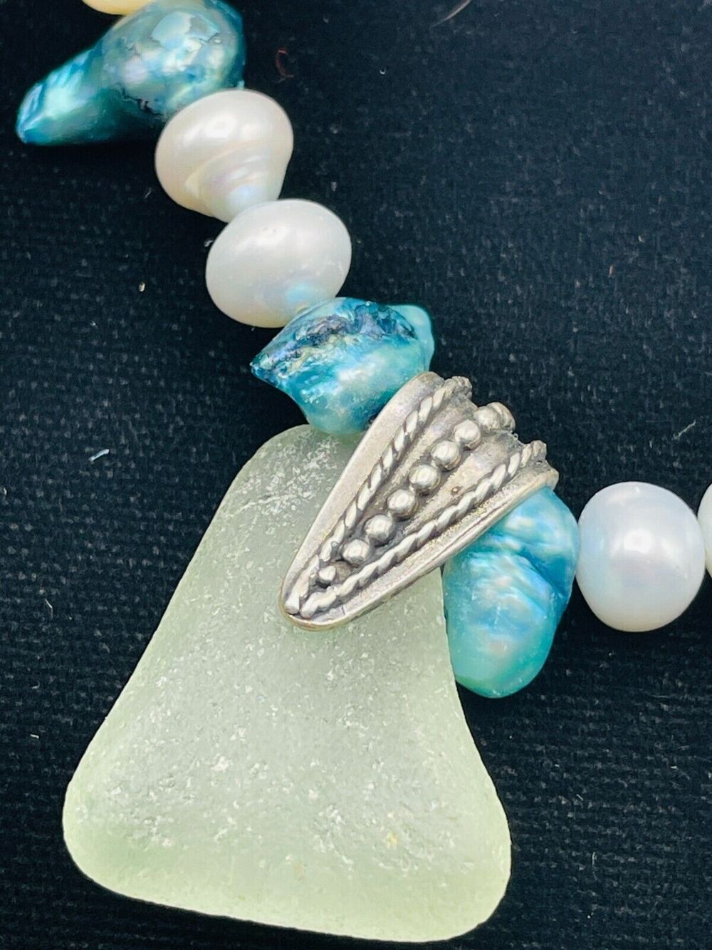 Freshwater Blue White Baroque Pearls Pendant Necklace Hammered Disc Sea Glass